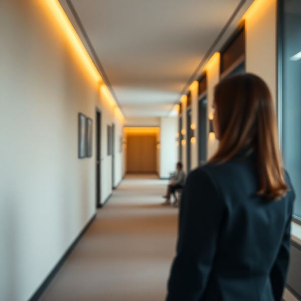 Coridor de birou modern în tonuri de cărbune și crem cu accente aurii